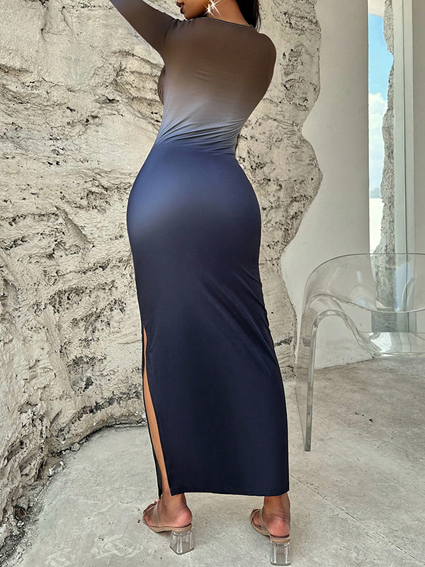 Bodycon High Waisted Contrast Color Gradient Split-Side Heaps Collar Maxi Dresses
