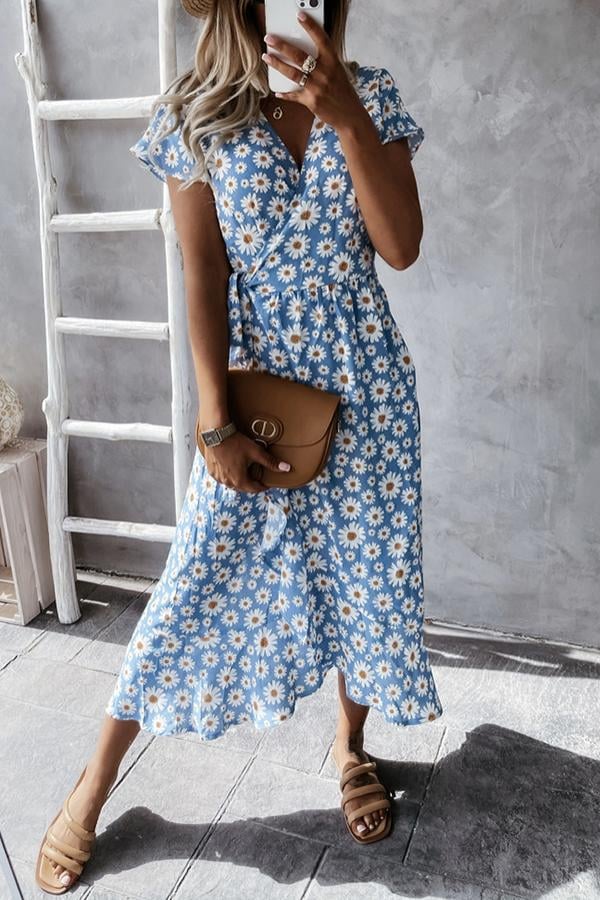 Floral V-neck Wrapped Midi Dress