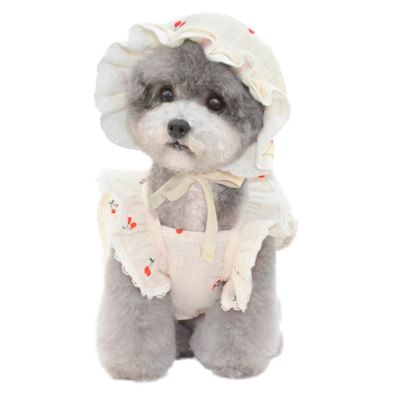Cherry Printed Dog Cat Dress With Hat