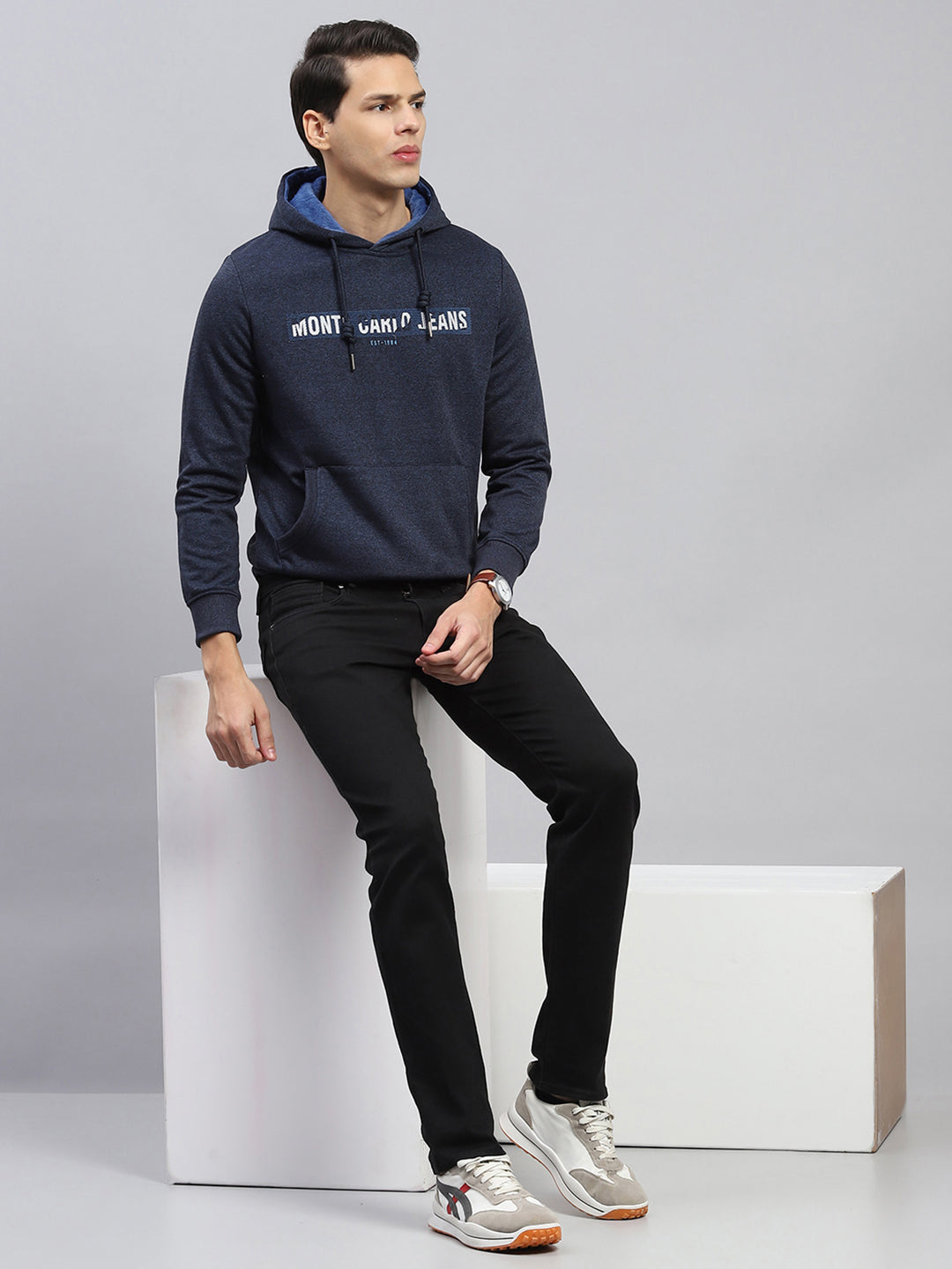 Men Navy Blue Printed Hooded Full Sleeve Sweatshirt