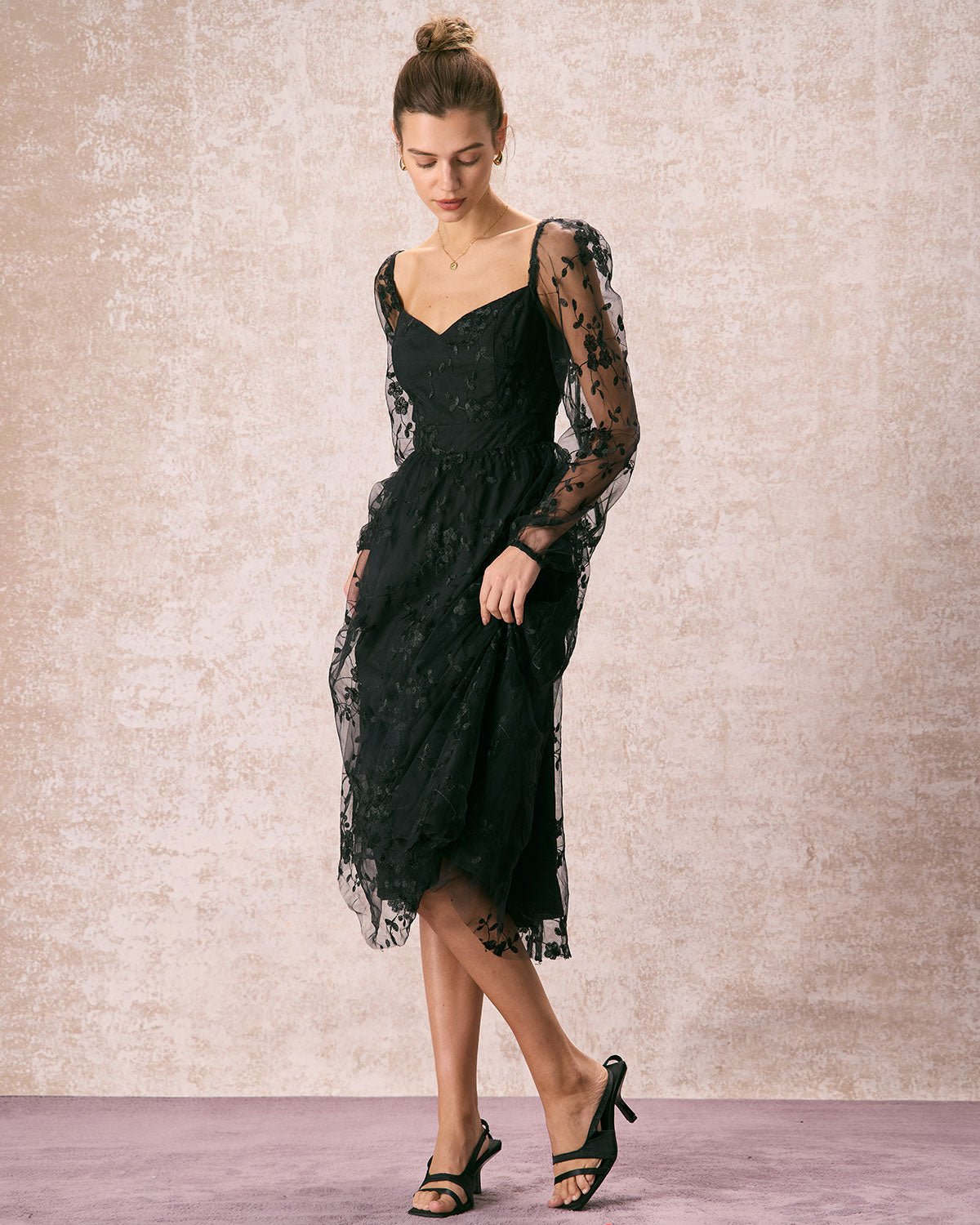 The Black Sweetheart Neck Mesh Midi Dress