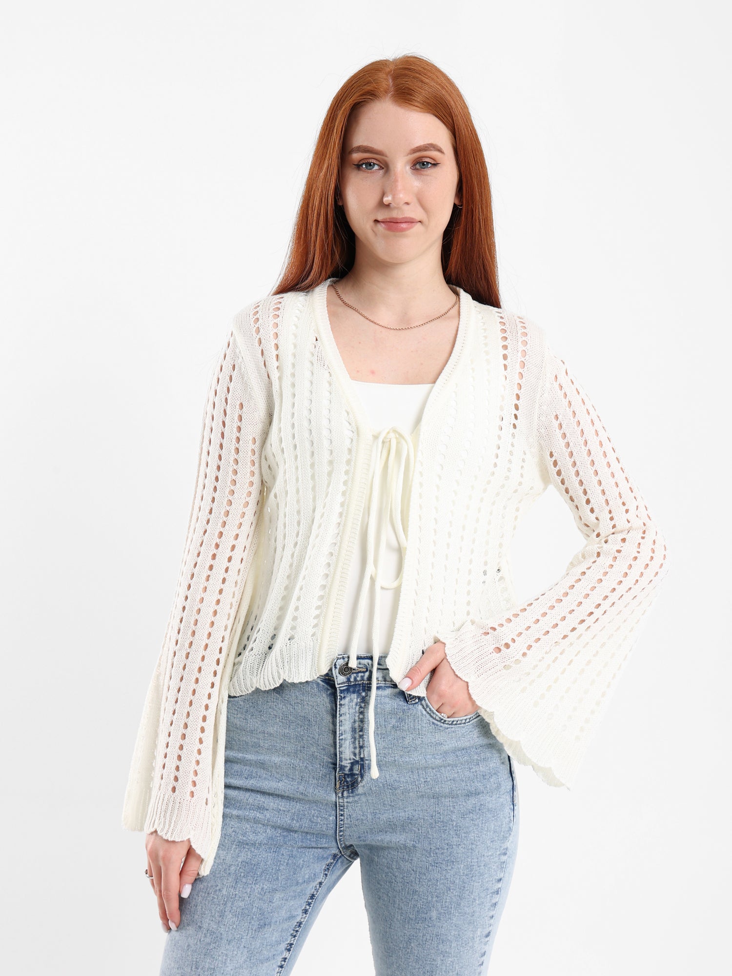 Cropped Openwork Tie-Front Cardigan