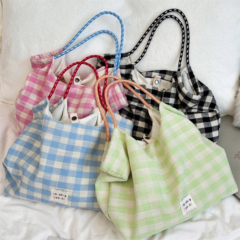 Women's Medium Canvas Plaid Basic Vintage Style Square Open Tote Bag