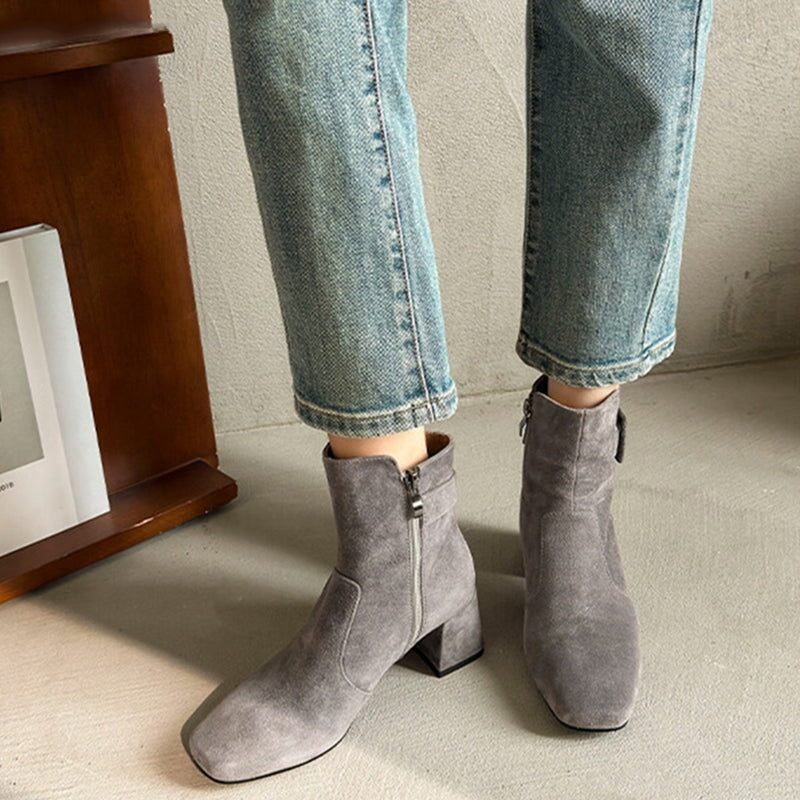 Women's Elegant Ankle Boots 55mm Heels Side Zipper Slimming Boots in Black/Grey