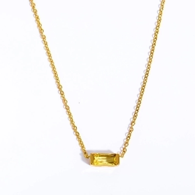 201 Stainless Steel Retro Inlay Rectangle Birthstone Zircon Pendant Necklace