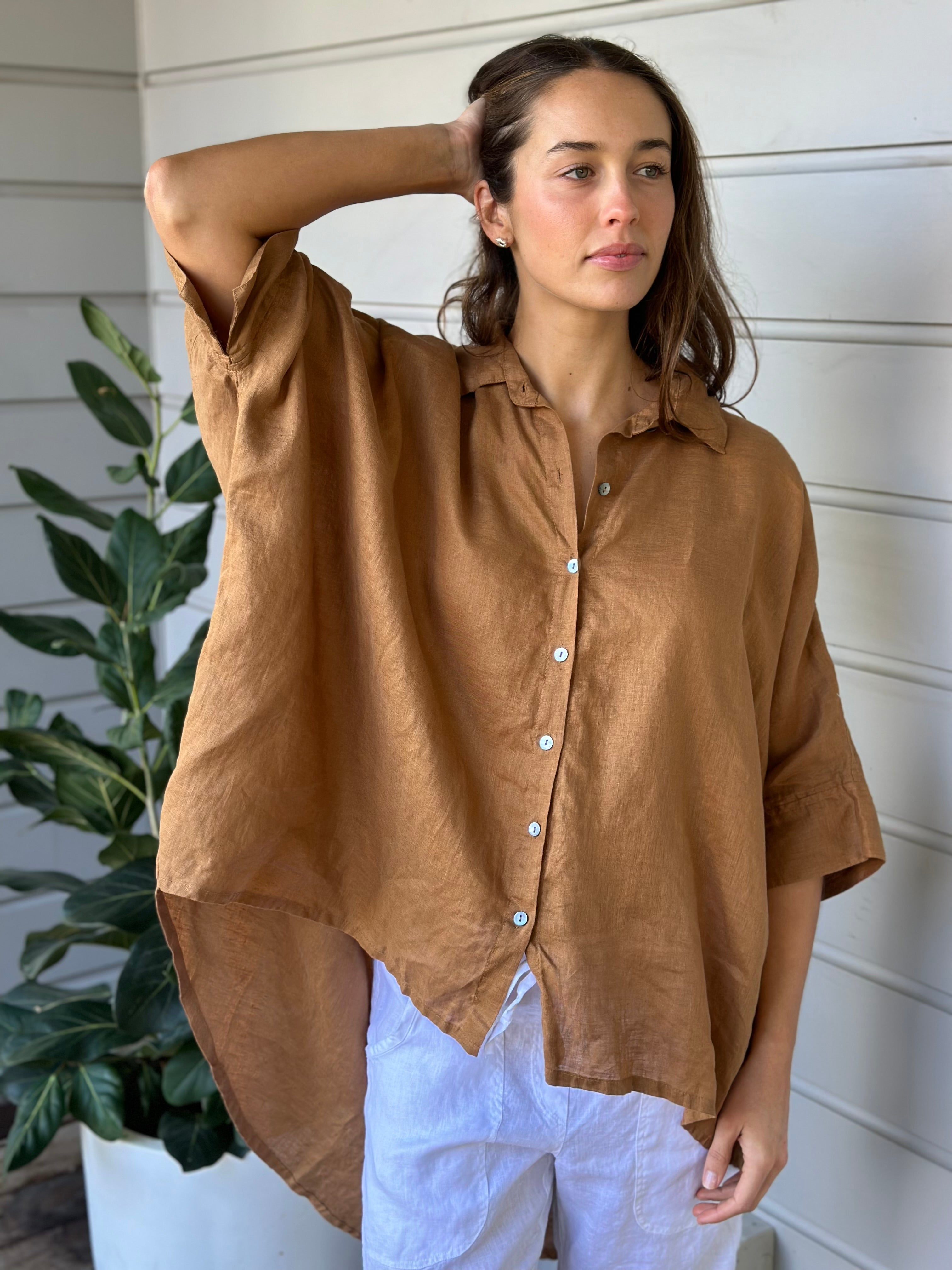 issey shirt - caramel linen