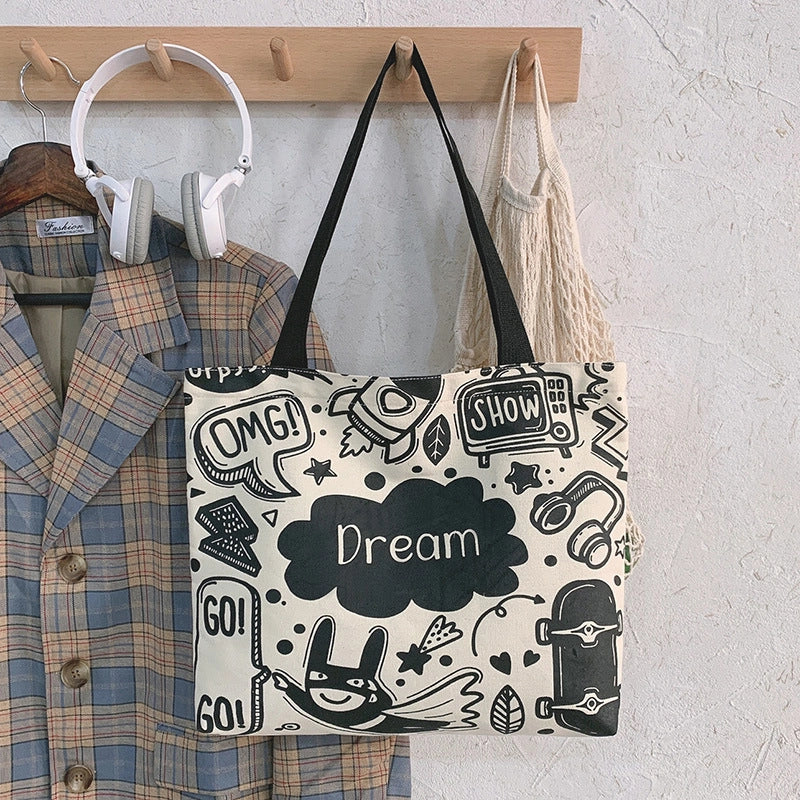 Women's Large Canvas Animal Cartoon Cute Zipper Tote Bag