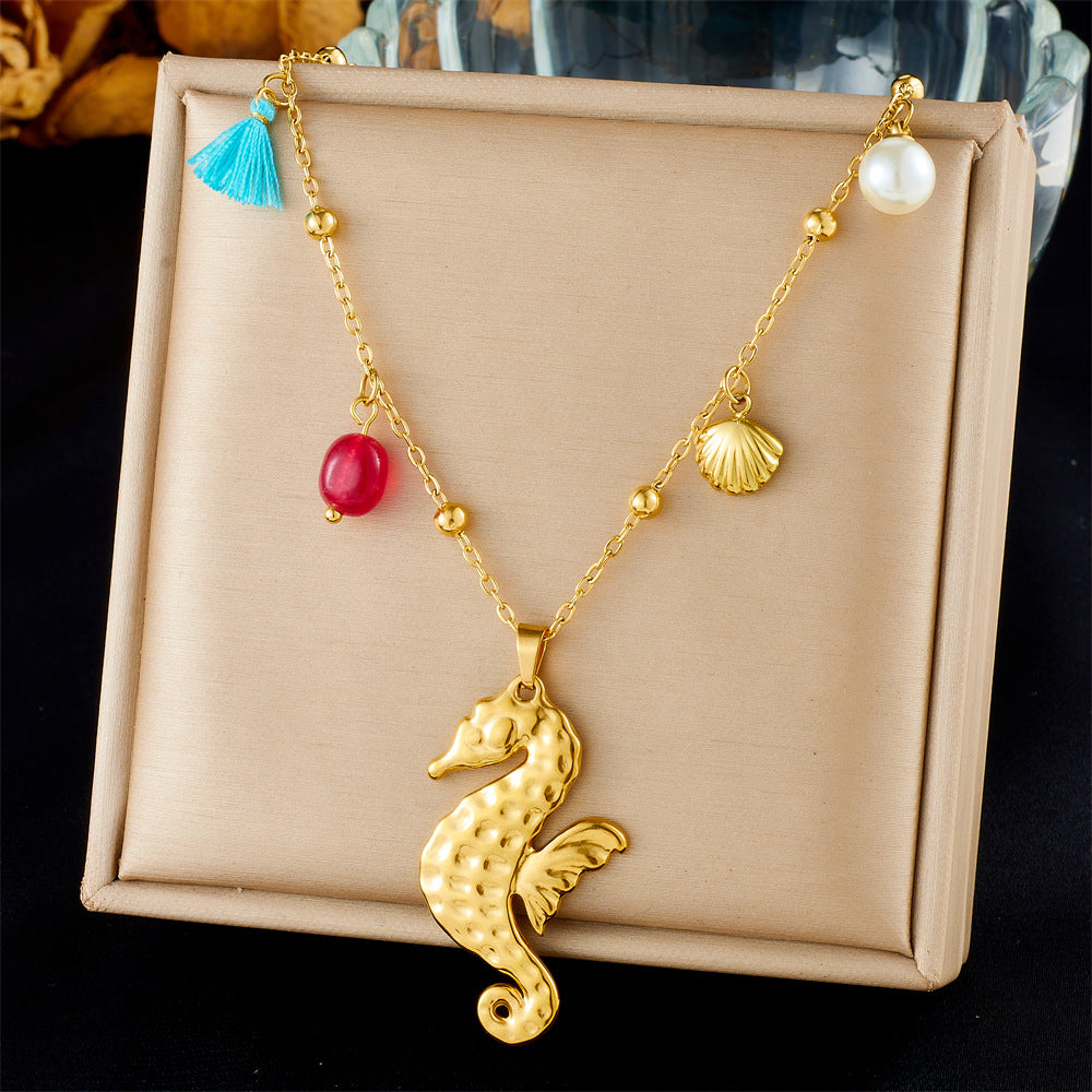 Fashion Ocean Series Accessories Pendant Gold-Plated Stainless Steel Starfish Shell Multi-Element Oil Drop Butterfly Necklace