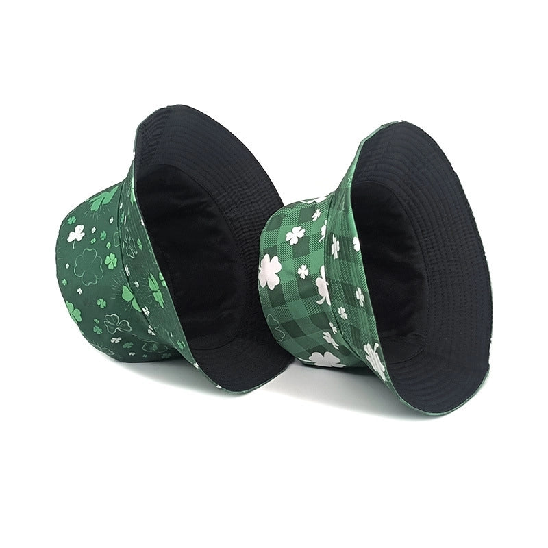 Unisex Retro Four Leaf Clover Printing Wide Eaves Bucket Hat