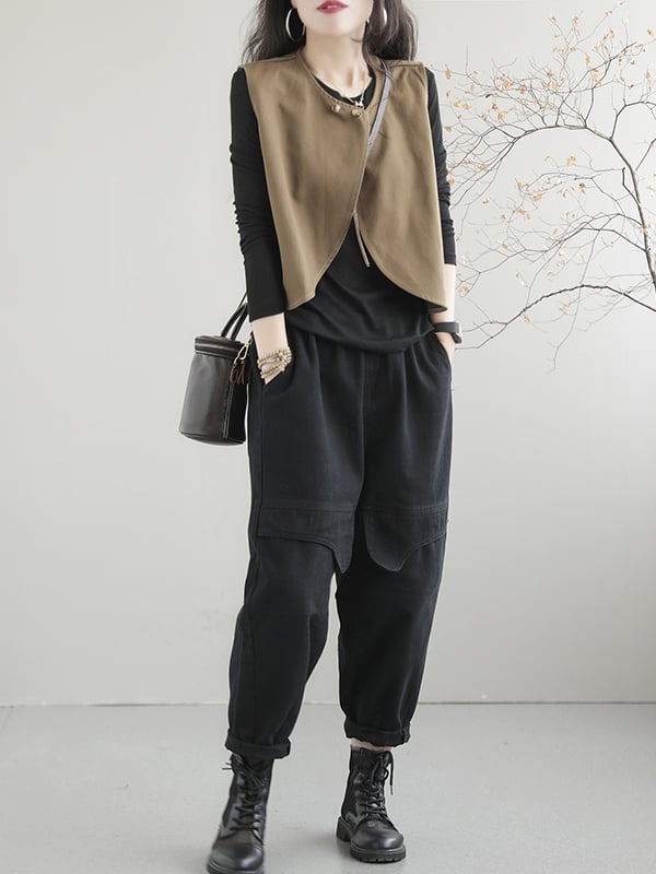 Artistic Retro Loose Sleeveless Solid Color Round-Neck Vest Outerwear