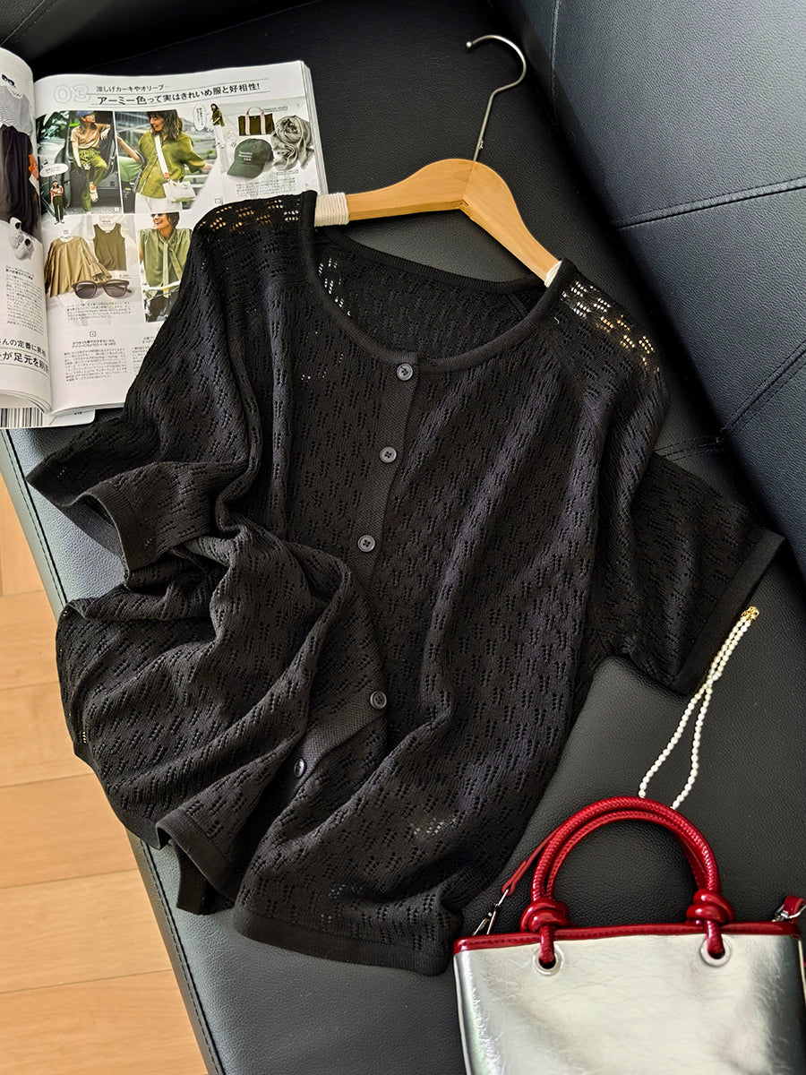 Women Summer Casual Button-up Knitted O-Neck Shirt