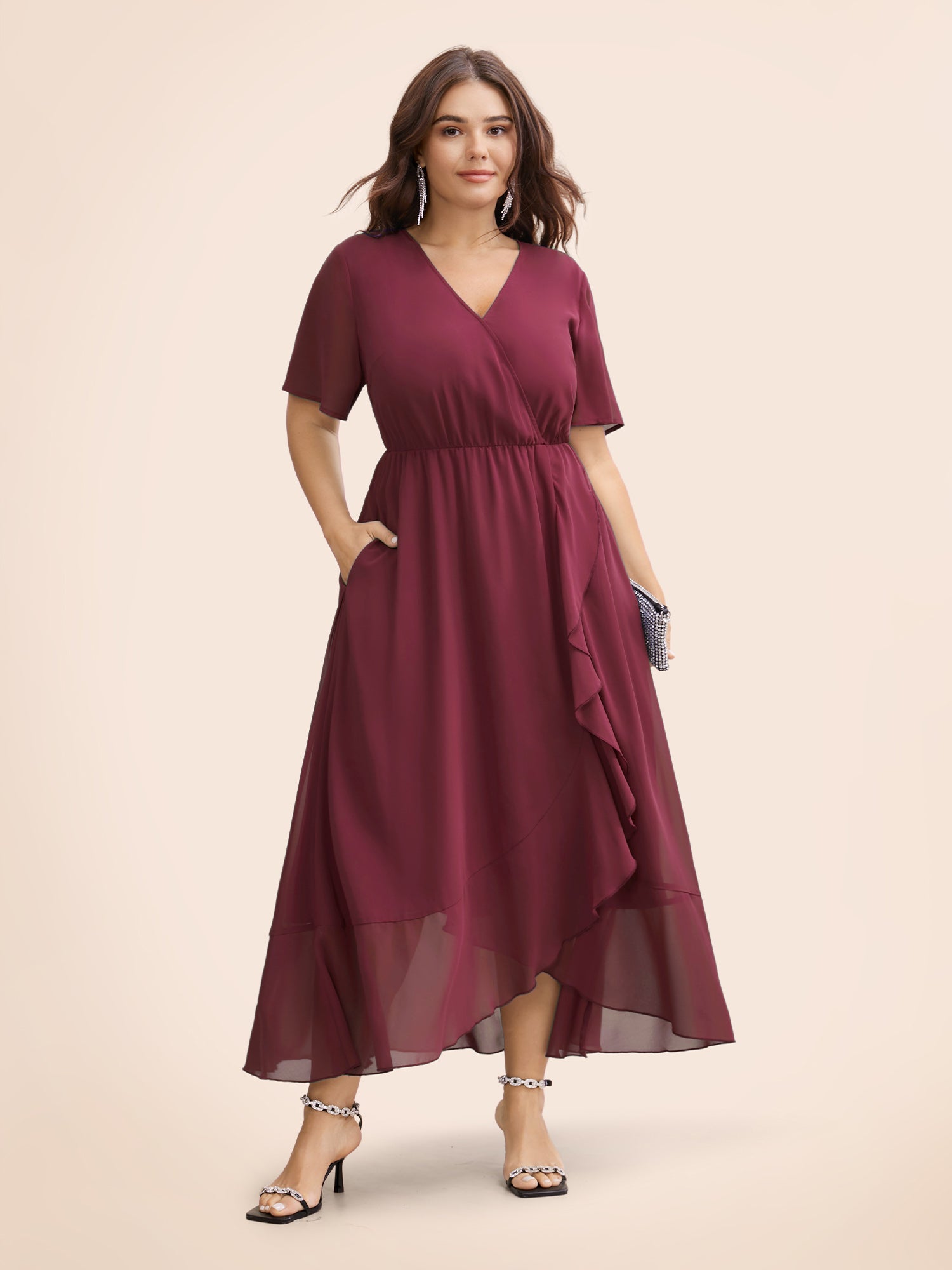 Chiffon Overlap Collar Ruffle Sleeve Dress