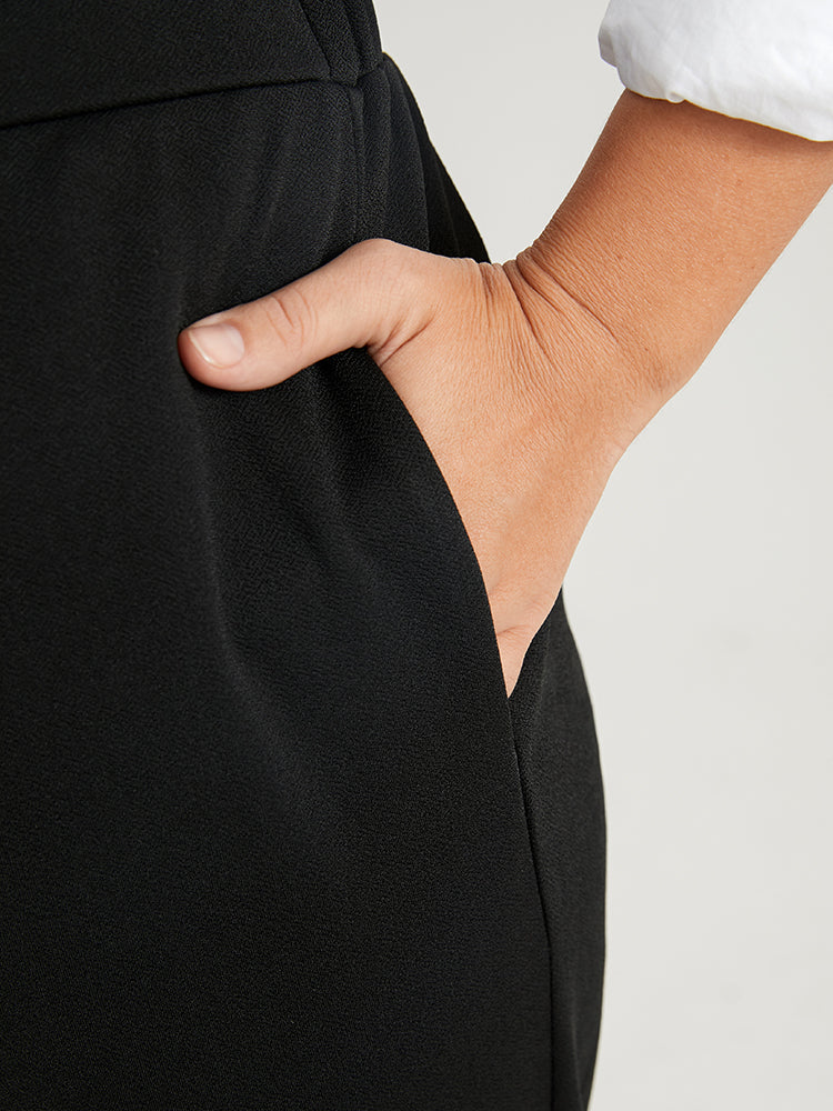Solid Elastic Waist Fake Button Pocket Pants