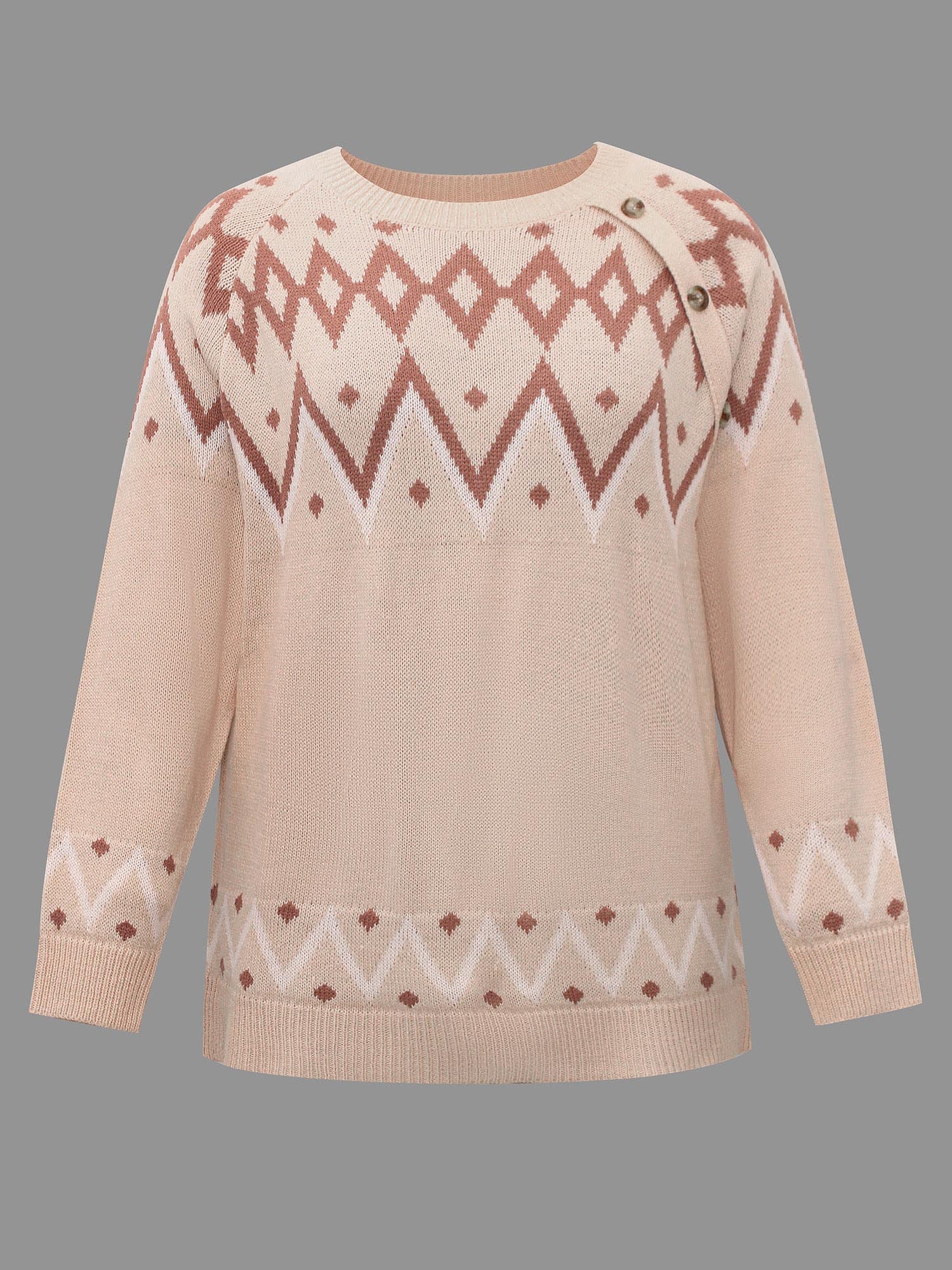 Jacquard Print Button Round Neck Pullover