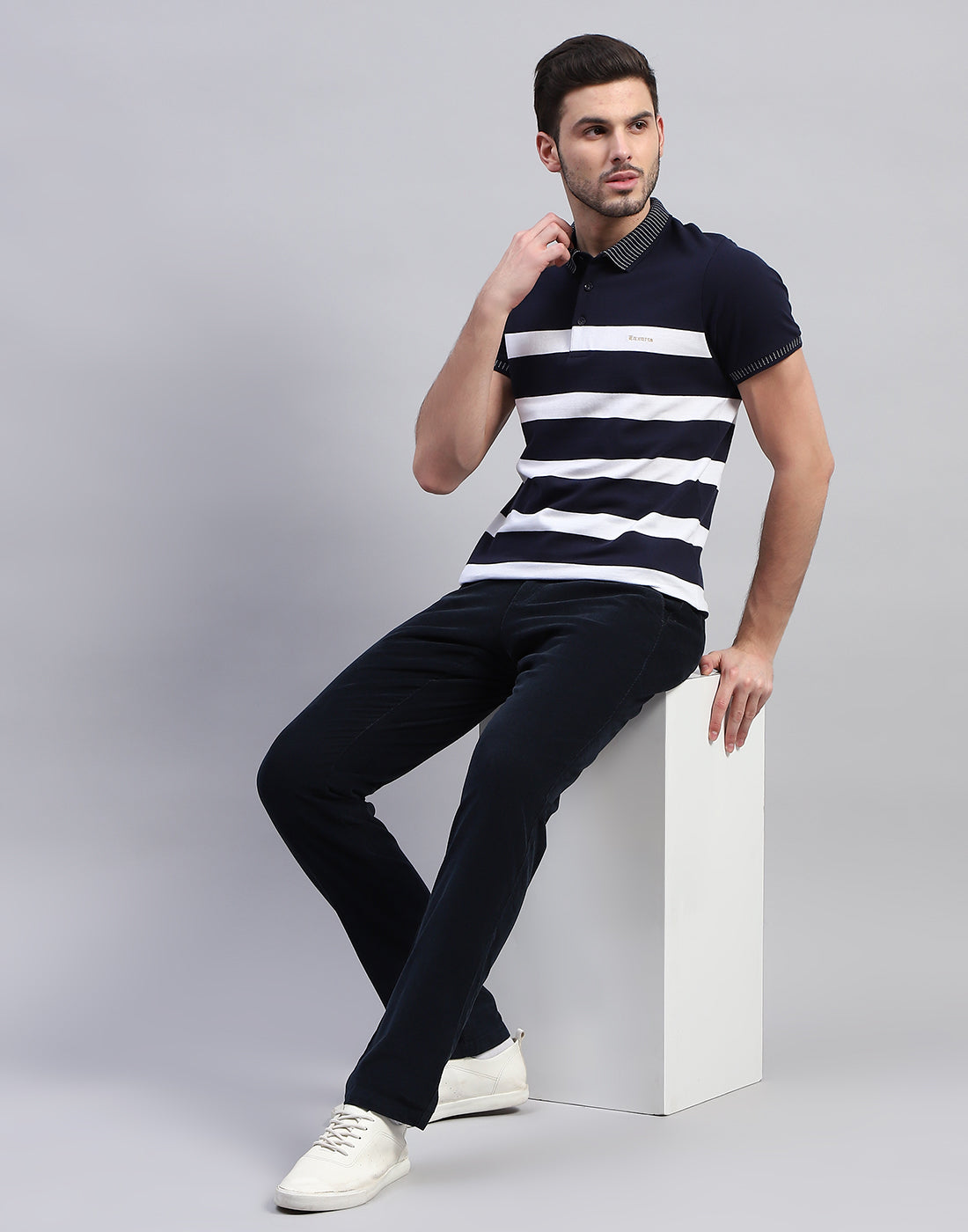 Men Navy Blue Stripe Polo Collar Half Sleeve T-Shirt