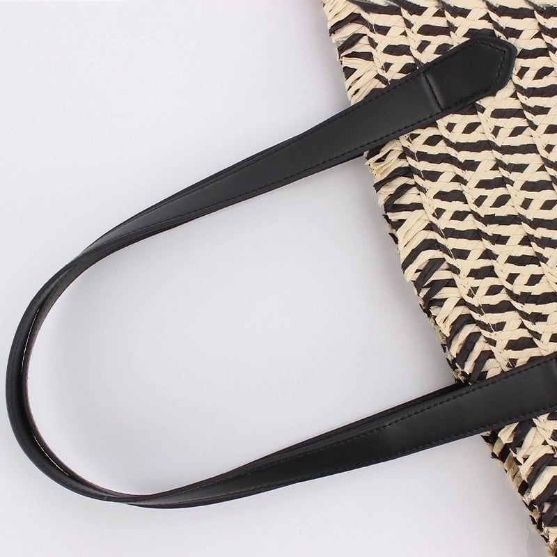 Women's Large Straw Geometric Vacation Bucket Zipper Straw Bag