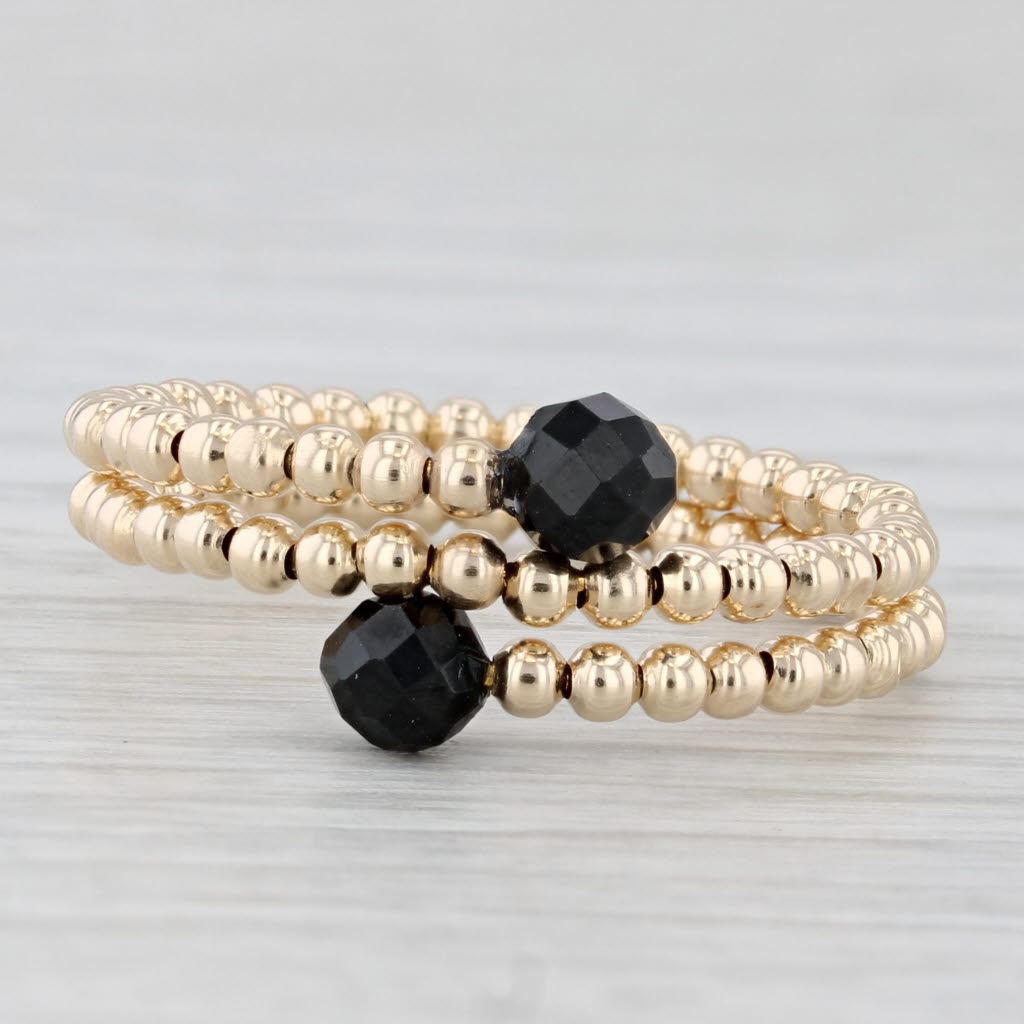 New Black Glass Bead Bypass Ring 14k Yellow Gold Adjustable Size 8