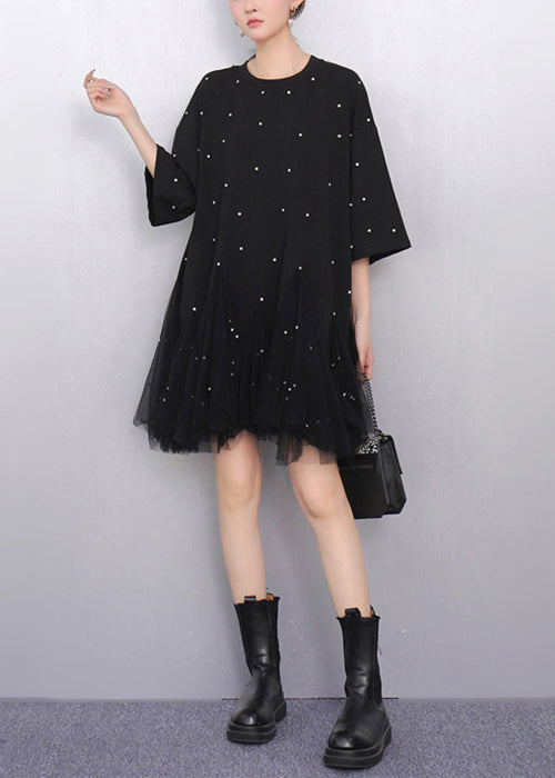 Fine Black Zircon Tulle Patchwork Cotton T Shirts Dress Half Sleeve Fall
