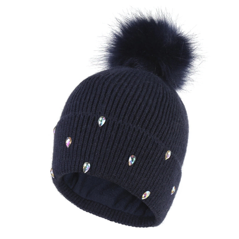 Women's Cute Sweet Solid Color Pom Poms Rhinestone Eaveless Wool Cap
