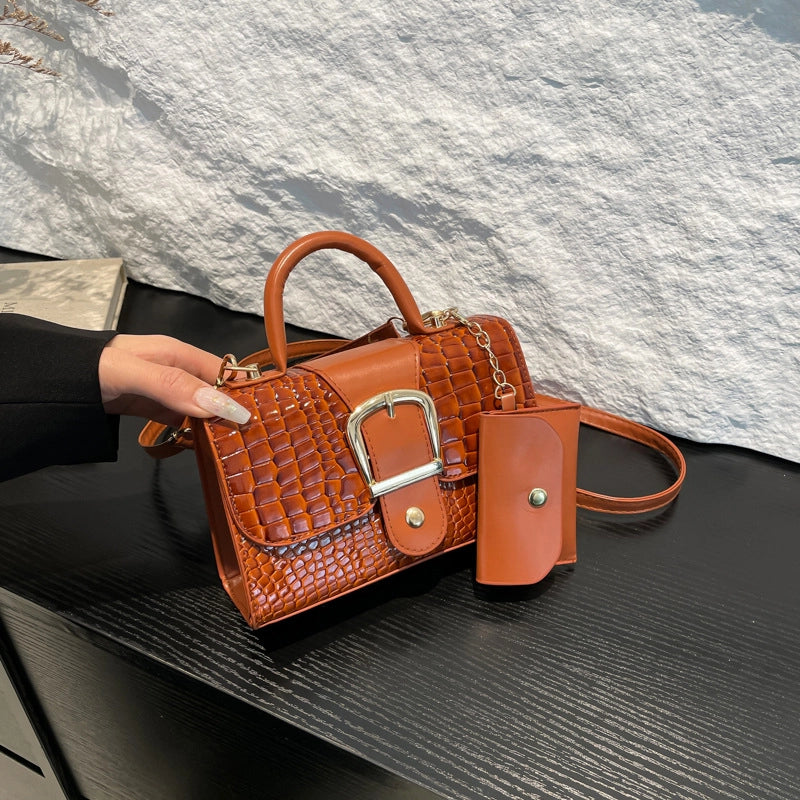 Women's Pu Leather Solid Color Crocodile Vintage Style Sewing Thread Square Magnetic Buckle Crossbody Bag