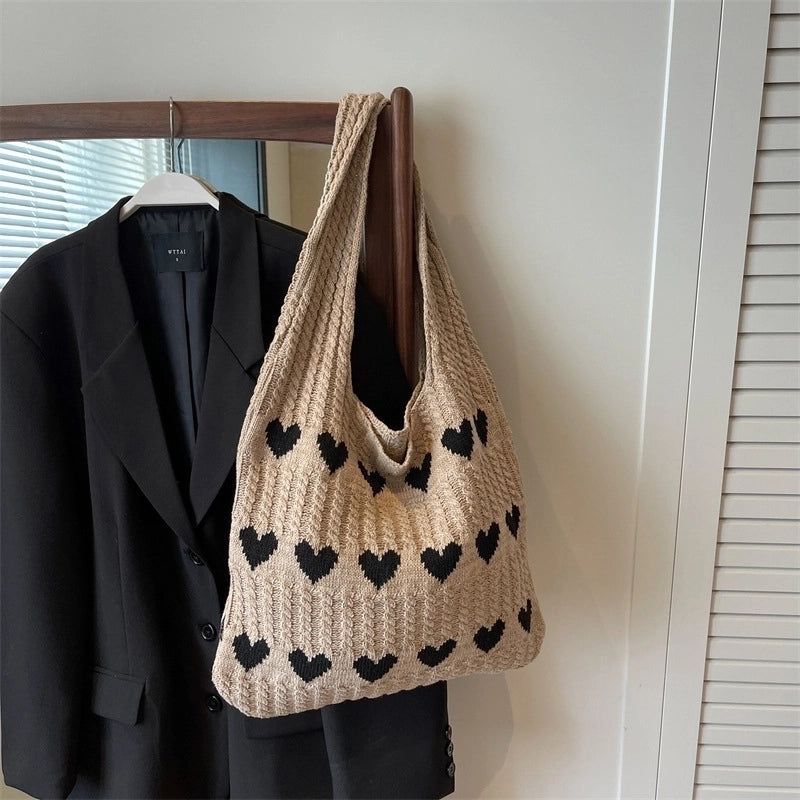 Women's Medium Knit Heart Shape Basic Classic Style Bucket Open Shoulder Bag
