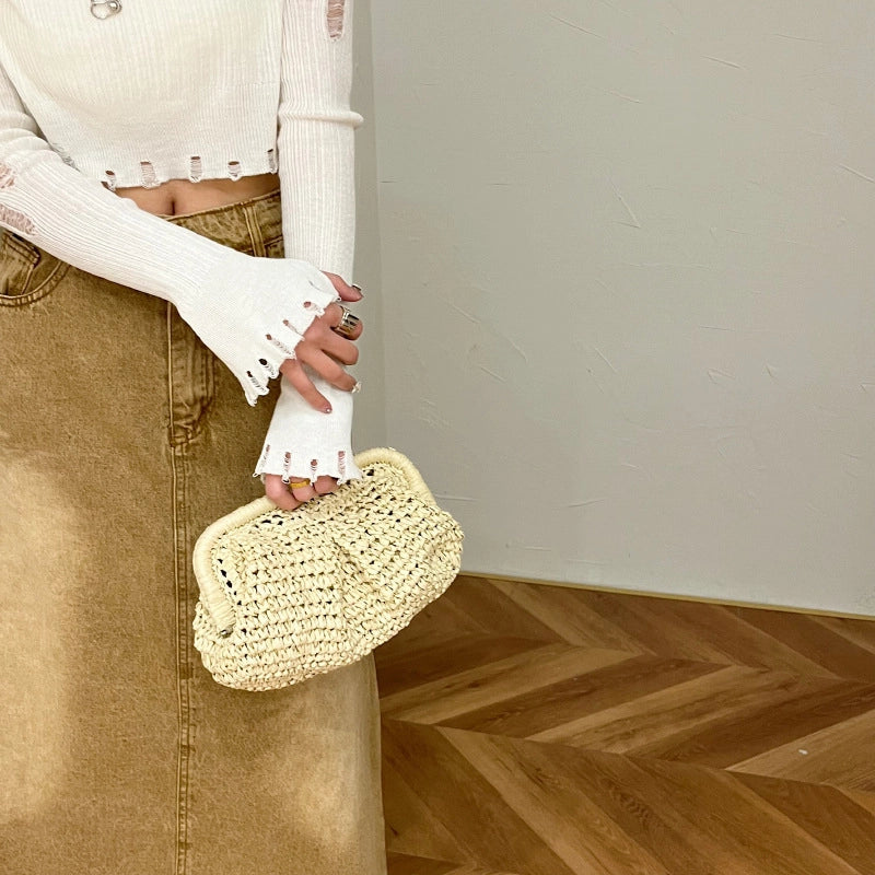 Women's Small Straw Solid Color Elegant Lock Clasp Crossbody Bag