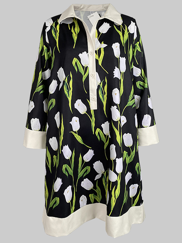 A-line Loose Buttoned Flower Print Stand Collar Mini Dresses