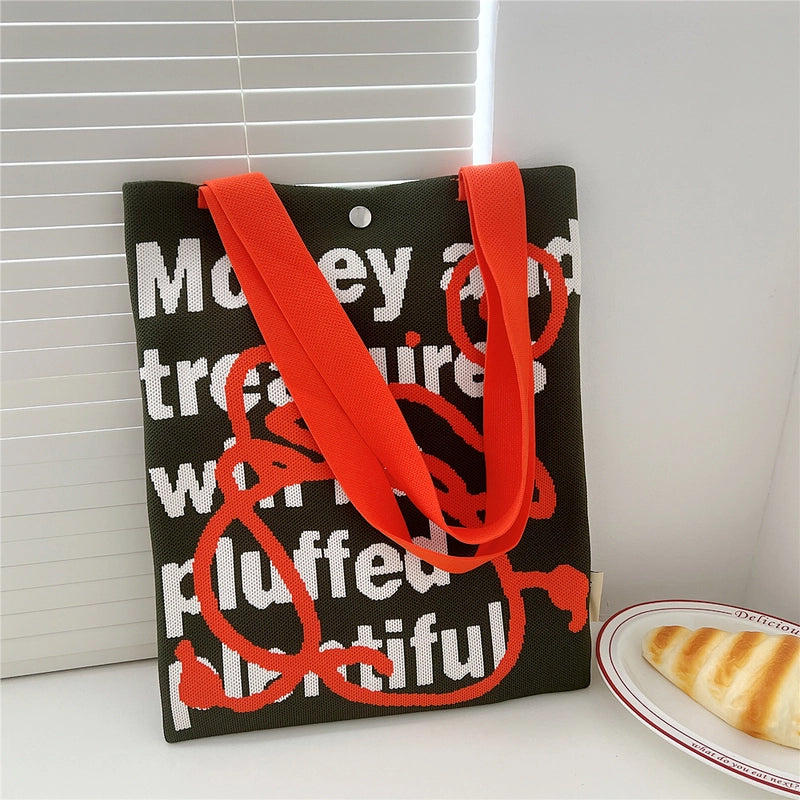 Women's Medium Knit Cartoon Flower Cute Square Lock Clasp Underarm Bag