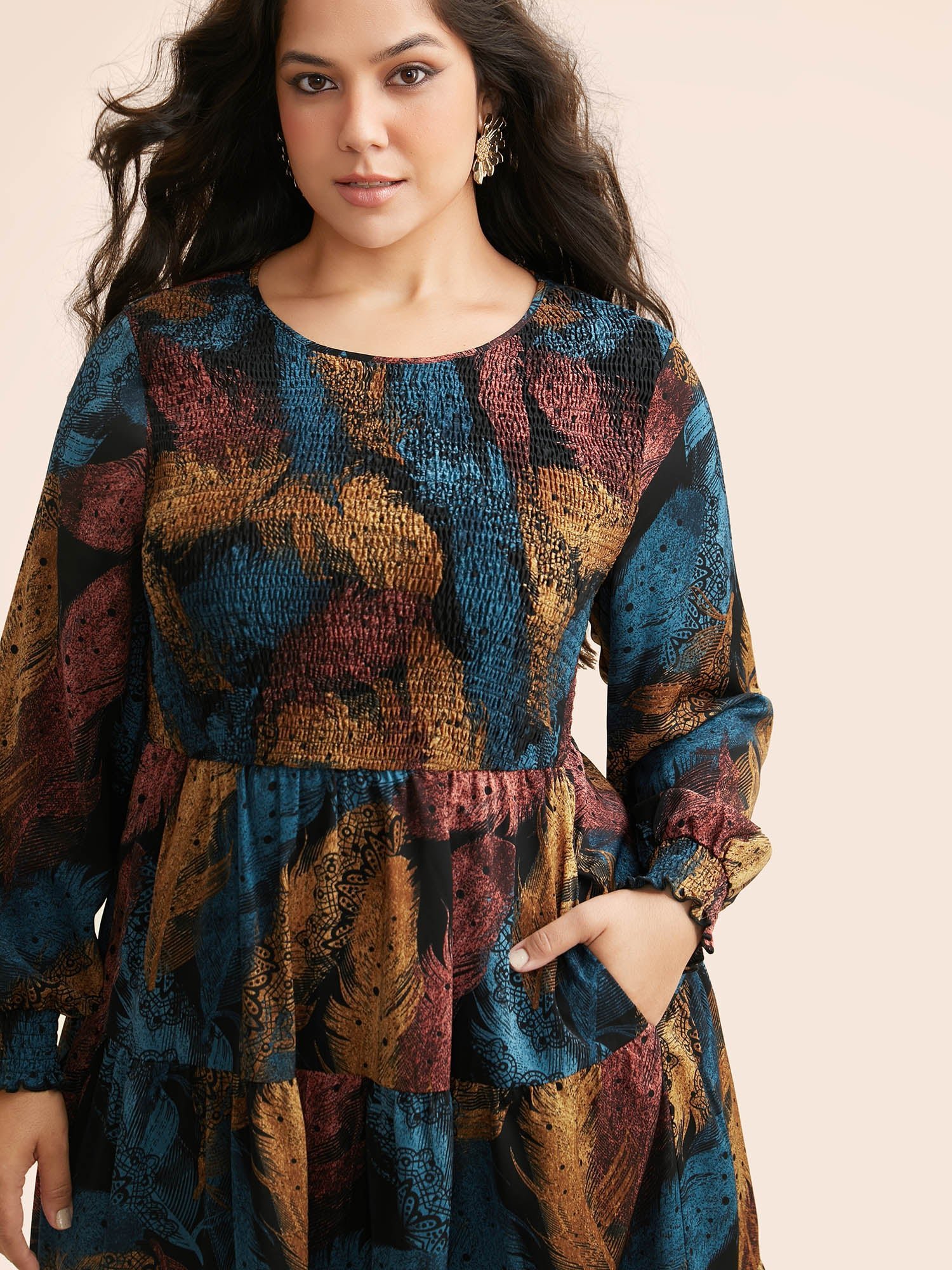 Feather Print Shirred Lantern Sleeve Dress