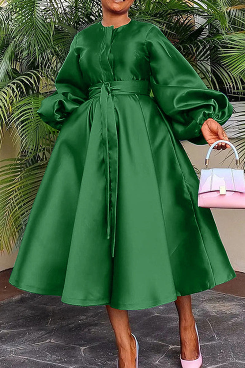 Casual Solid Bandage Patchwork Buckle O Neck Long Sleeve Dresses