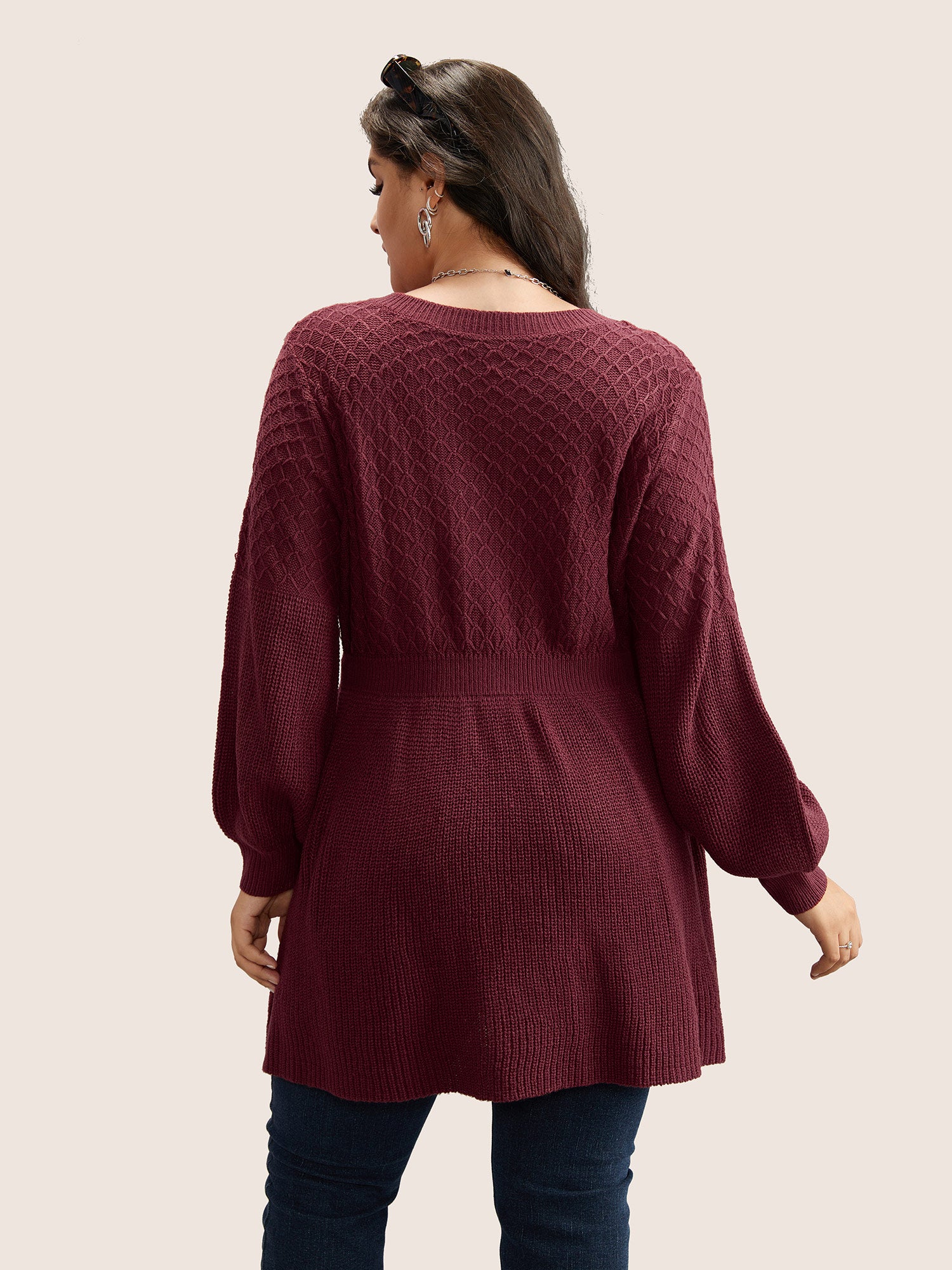 Plain Plisse Lantern Sleeve A Line Pullover