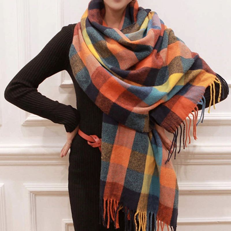 Plaid Scarf Women's Winter Versatile Student Scarf Cashmere Tassel Dual-use Warm Plaid Shawl
