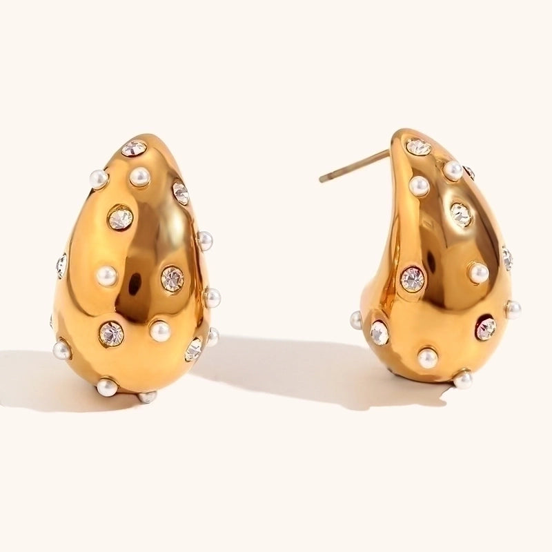 1 Pair Lady Water Droplets Plating Inlay Stainless Steel Artificial Diamond 18K Gold Plated Ear Studs