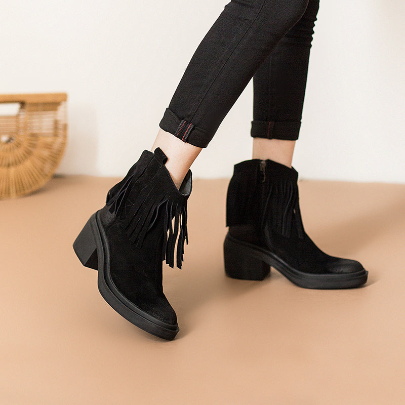 Western R Toe Cowgirl Boots With Tassels Handmade Suede Ankle Boots in Black/Brown