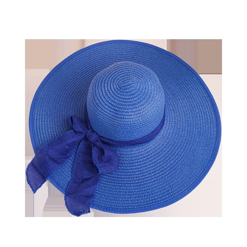 Fashion Solid Color Big Eaves Sunshadebowknot Straw Hat