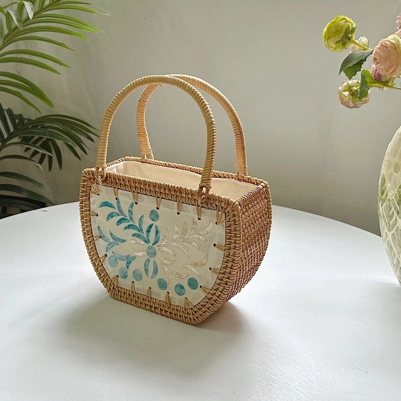Women's Medium Straw Flower Vintage Style Beach Weave String Straw Bag