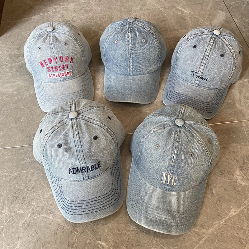 Korean-style Spring And Summer Denim Baseball Cap Women's Washable Old Letter Hat Men's Trendy Sunscreen Cap