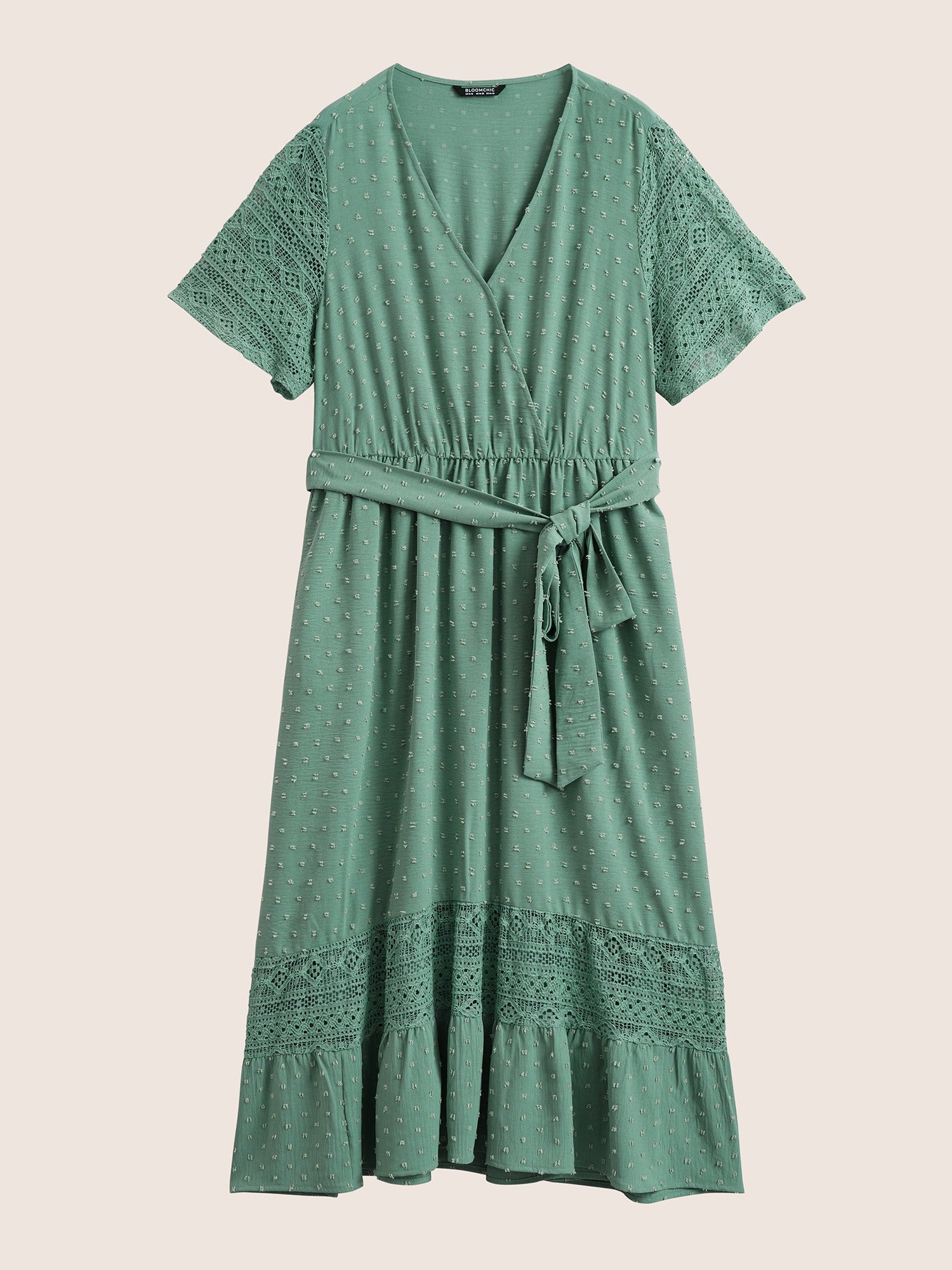 Solid Wrap Pocket Belted Contrast Lace Ruffle Trim Maxi Dress