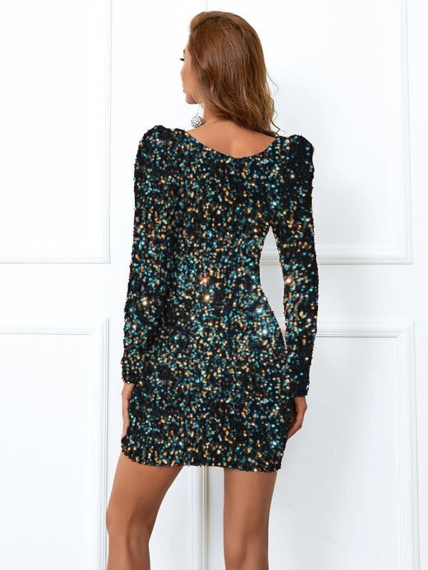 Missord Square Neck Gigot Sleeve Sequin Bodycon Dress