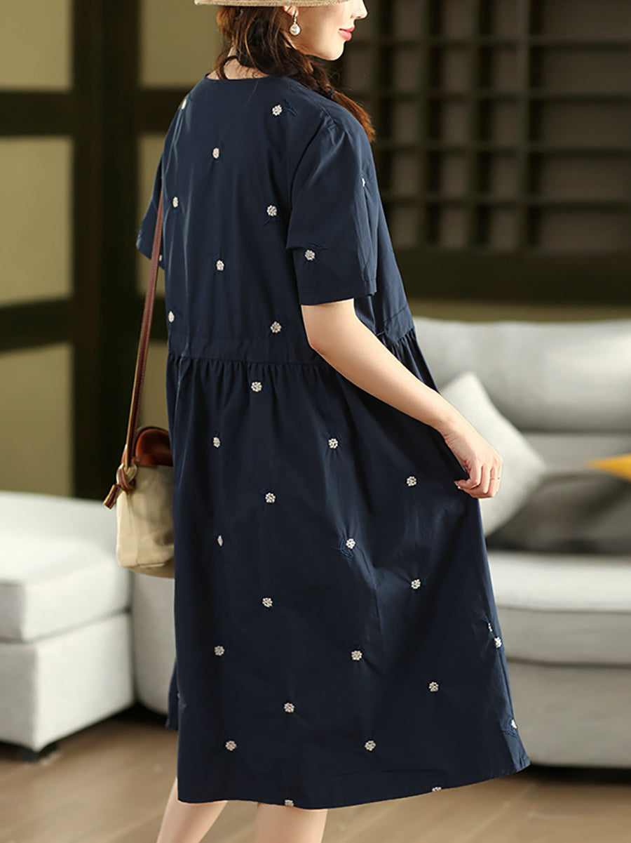 Women Summer Artsy Flower Embroidery V-Neck Cotton Dress