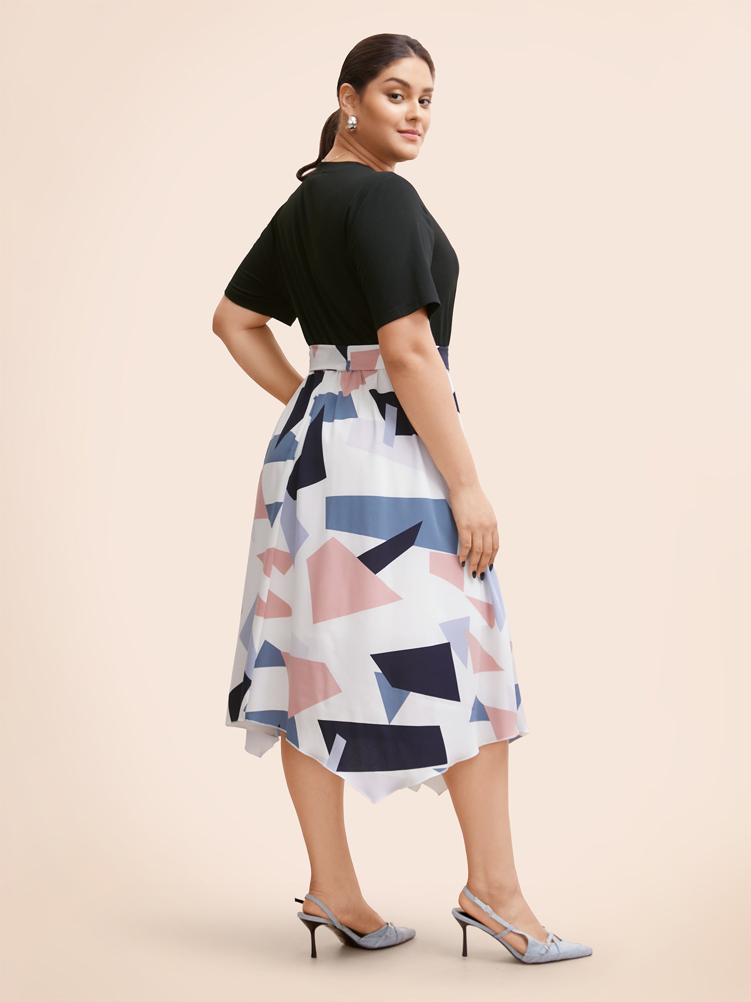 Geometric Patchwork Asymmetrical Hem Midi Dress