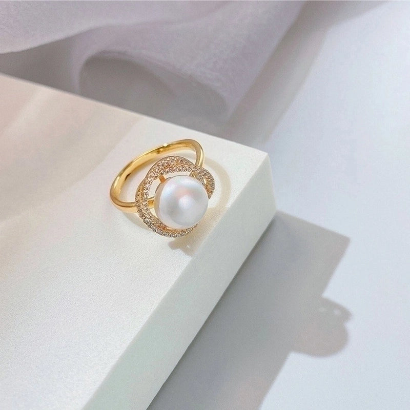 Elegant Round Titanium Steel Artificial Pearls Zircon Rings Necklace