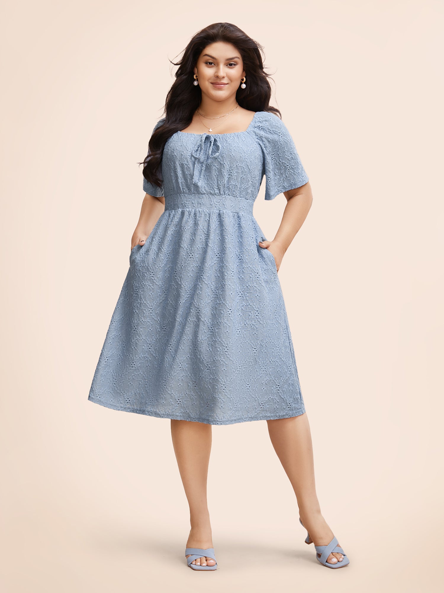 Textured Bowknot Ruffle Sleeve Dress