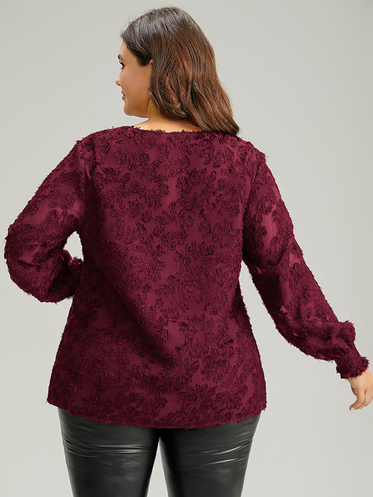Plain Appliques Mesh V Neck Shirred Blouse