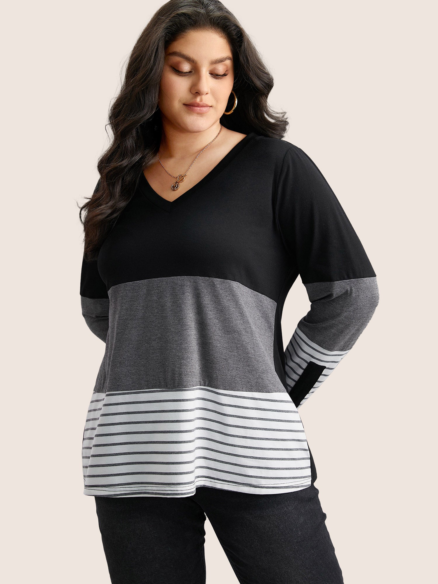 Colorblock Contrast Striped V Neck T-shirt