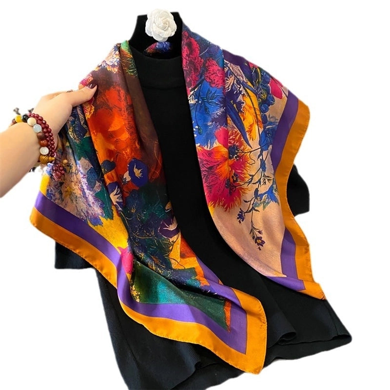 Women's Elegant Sweet Color Block Satin Printing Flowers Silk Scarf