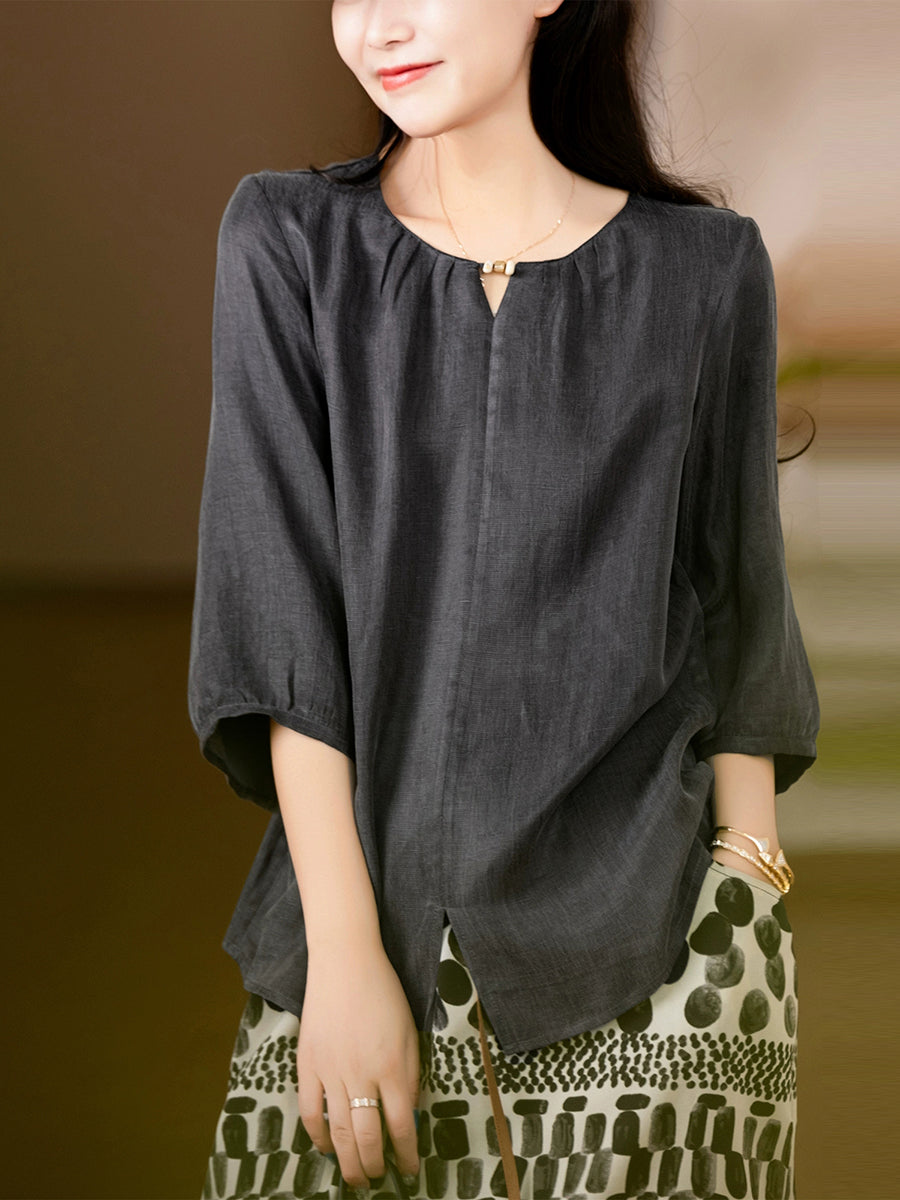 Women Summer Casual Pure Color Linen O-Neck Shirt