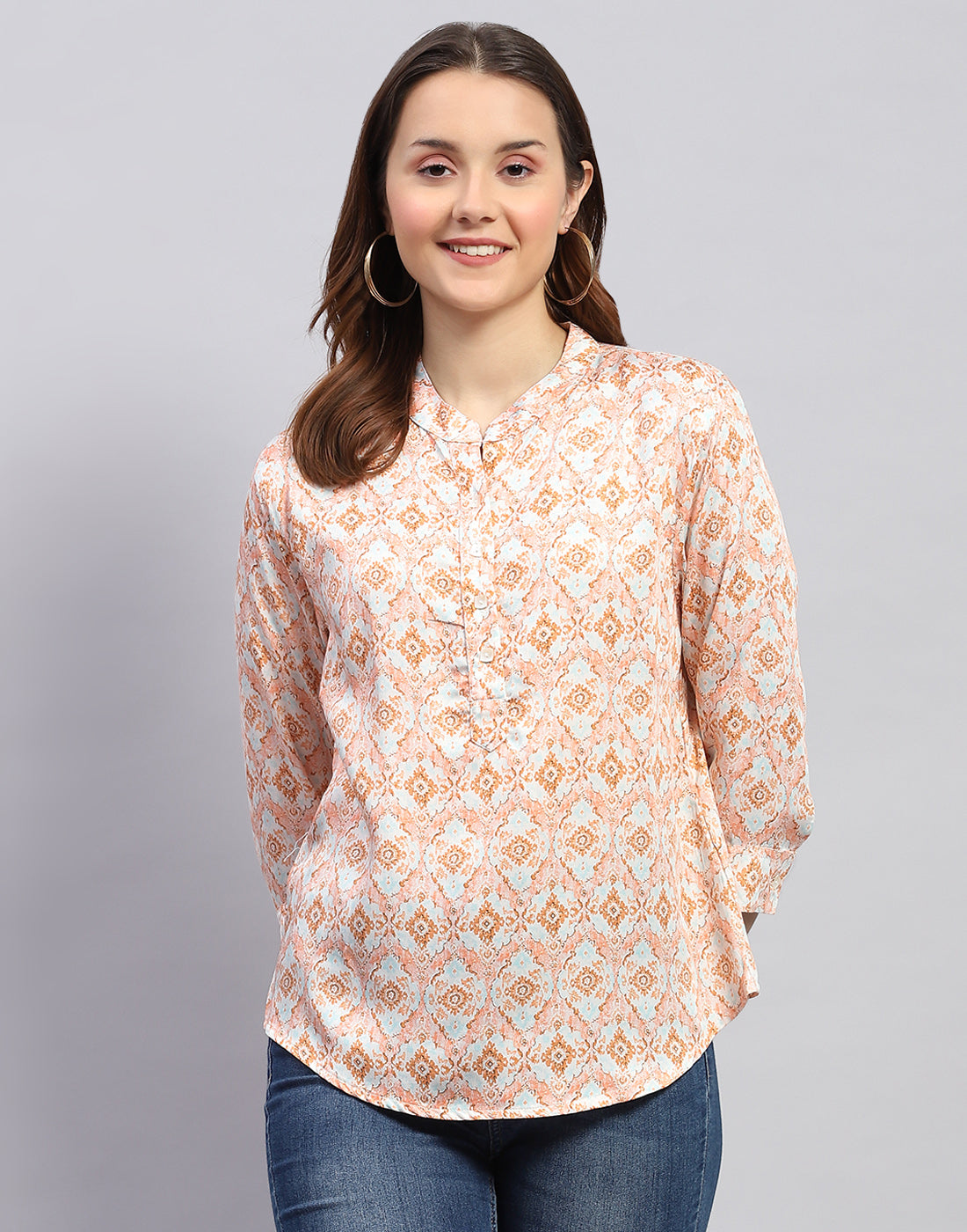Women Peach Printed  Mandarin Neck 3/4 Sleeve Top
