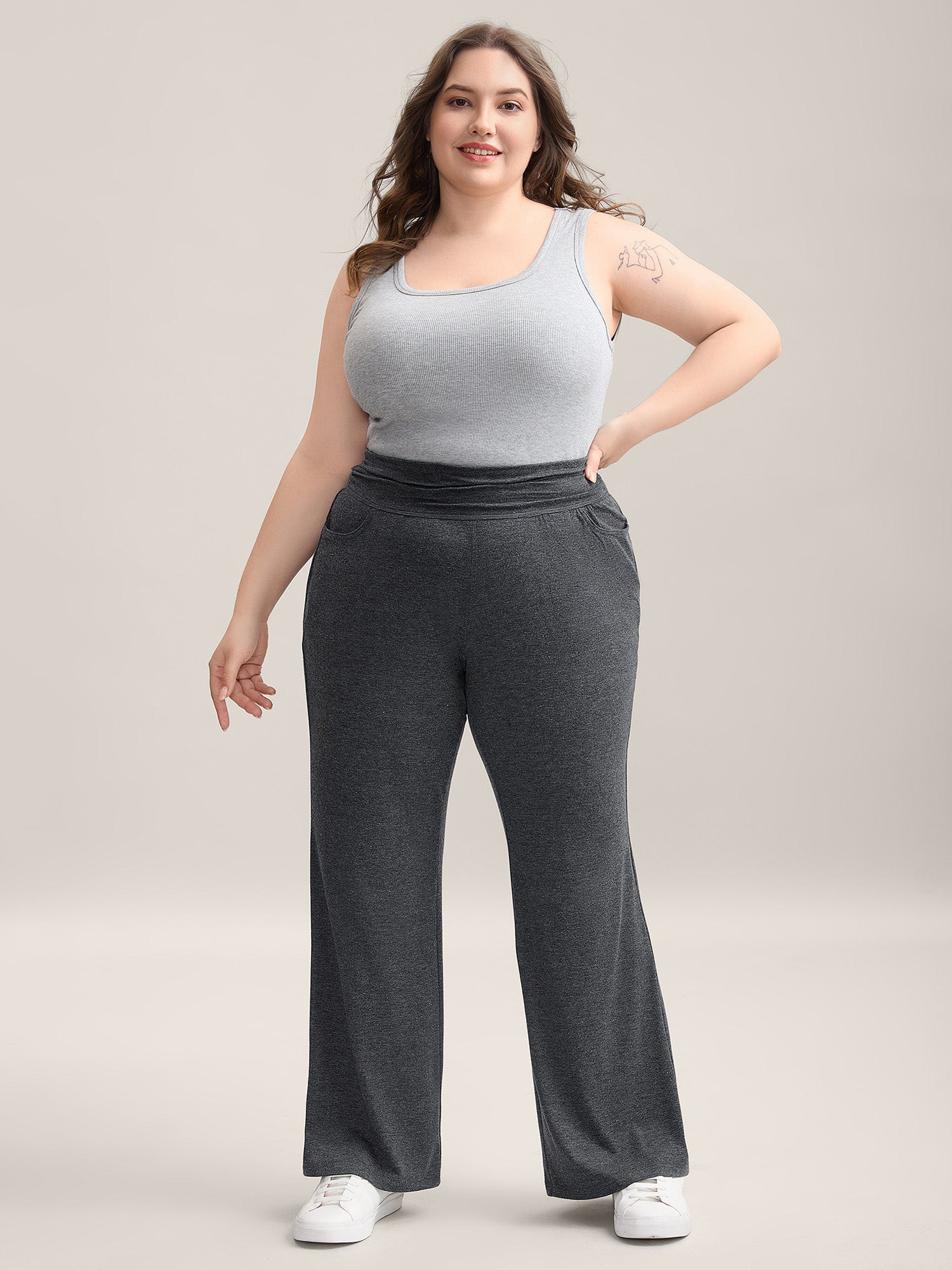 Folding Waist Plain Bootcut Pants