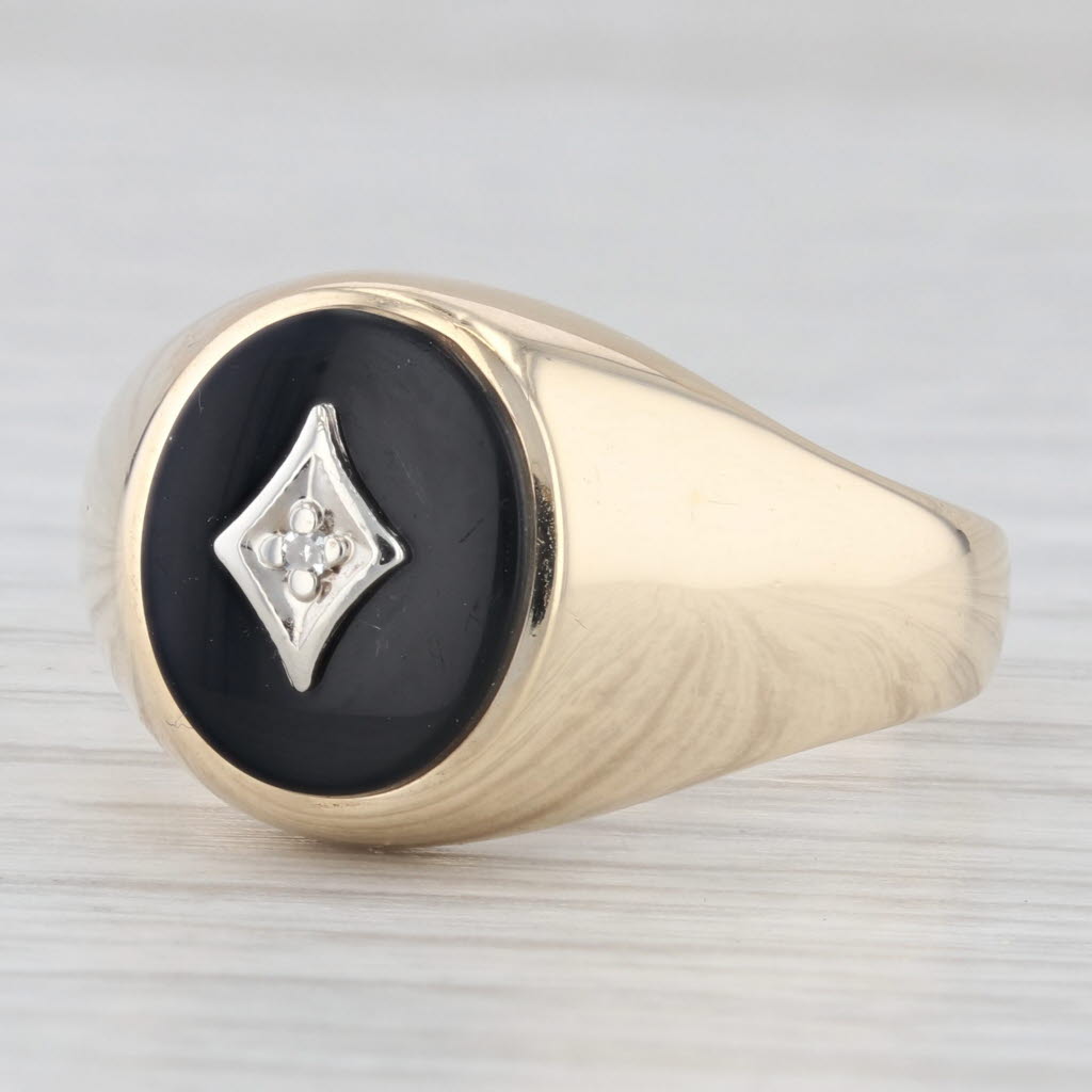 Onyx Diamond Men's Signet Ring 10k Yellow Gold Size 12 Vintage